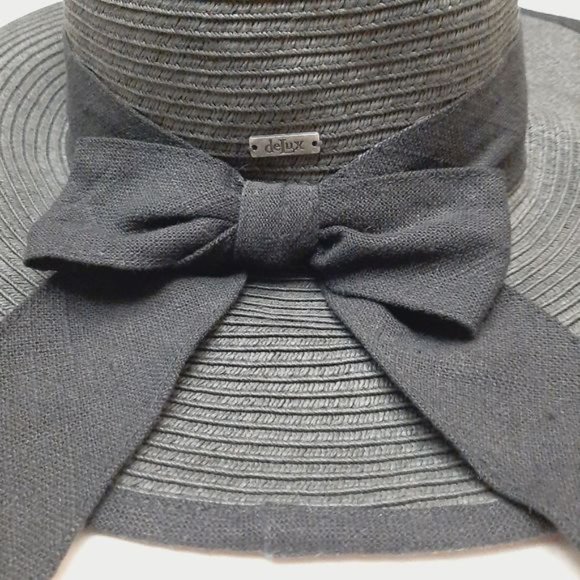 DELUX Woven Summer Floppy Brim Hat Lightweight Black w/Ribbon Sz S - M - Picture 14 of 15